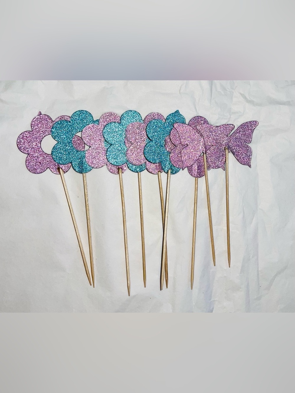 Glitter Cupcake Cake Toppers Pink Teal Floral Butterfly Picks Shimmer Decoration